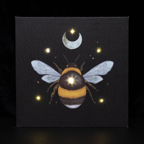 Forest Bee Light Up Canvas Plaque.  Add a touch of magic to your space with this 30x30cm light-up wall canvas. Features an ethereal forest bee illustration with embedded LED lights to create a mesmerizing glow.