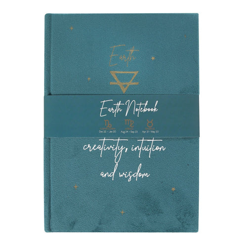 Earth Element Velvet A5 Notebook  Taurus, Virgo and Capricorn are the three zodiac signs represented by the earth element. This green velvet notebook features 'Prosperity, creativity, intuition and wisdom' text on the front cover and a starry sky on the reverse, perfectly capturing the best traits of the zodiac earth signs. 