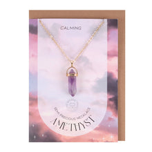 Load image into Gallery viewer, Amethyst Crystal Necklace With Card.  This lovely greeting card features a gold-tone necklace with semi-precious amethyst crystal pendant to promote relaxation.  22cm chain with lobster clasp closure. Nickel-free stainless steel. Includes envelope.  Card left blank inside.