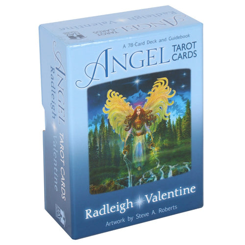 Angel Tarot Cards by Radleigh Valentine.  The Angel Tarot card deck features beautiful imagery by Steve A. Roberts accompanied with positive and uplifting messages.  This boxed deck includes 78 cards in full colour and an instruction booklet.