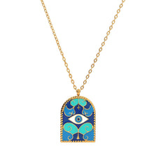 Load image into Gallery viewer, 18k Gold Plated Evil Eye Necklace.  Gold plating on stainless steel with cubic zirconia  This is waterproof and hypoallergenic. The plating is long lasting and does not tarnish.  Pendant size 2.3cm x 1.5cm, chain length 40cm plus extra 5cm.    