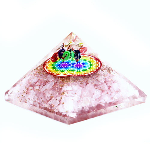Rose Quartz Rainbow Flower of Life Orgonite Pyramid 70mm