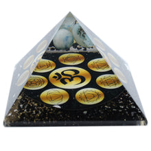 Load image into Gallery viewer, Midnight Om Chakra Orgonite Pyramid 90mm