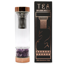 Load image into Gallery viewer, Crystal Glass Tea Infuser Bottles - Amethyst.  A unique and elegant way to enjoy your favourite loose leaf teas. With rose gold caps and a selection of beautiful gemstones, they add a touch of luxury to the tea-drinking experience.These bottles are made of high-quality borosilicate glass, which is known for its durability and resistance to thermal shock. 