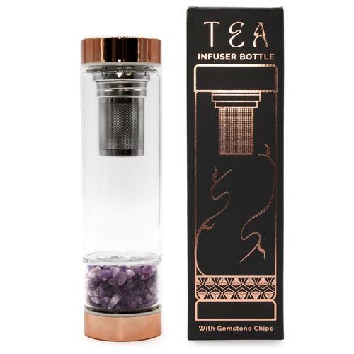 Crystal Glass Tea Infuser Bottles - Amethyst.  A unique and elegant way to enjoy your favourite loose leaf teas. With rose gold caps and a selection of beautiful gemstones, they add a touch of luxury to the tea-drinking experience.These bottles are made of high-quality borosilicate glass, which is known for its durability and resistance to thermal shock. 