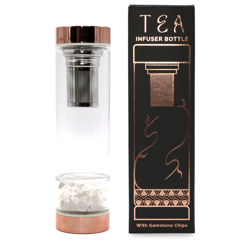Crystal Glass Tea Infuser Bottles - Rock Quartz.  A unique and elegant way to enjoy your favourite loose leaf teas. With rose gold caps and a selection of beautiful gemstones, they add a touch of luxury to the tea-drinking experience.These bottles are made of high-quality borosilicate glass, which is known for its durability and resistance to thermal shock. 