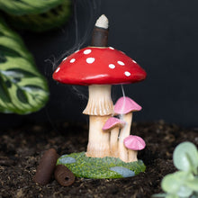 Load image into Gallery viewer, Mushroom Backflow Incense Burner.  Create your own magickal woodland while fragrancing the home with this whimsical forest mushroom backflow incense burner. Simply place a smoking backflow incense cone on top of the large toadstool and watch as smoke curls over the mushrooms below. 