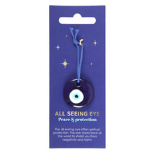 Load image into Gallery viewer, Evil Eye Protection Glass Charm.  Ward off negative energies with this protective glass All Seeing Eye charm. This traditional symbol is said to offer spiritual protection by gazing back at the world and deflecting evil intentions away from the wearer.