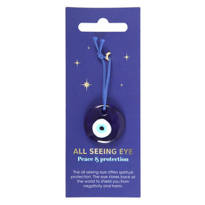Evil Eye Protection Glass Charm.  Ward off negative energies with this protective glass All Seeing Eye charm. This traditional symbol is said to offer spiritual protection by gazing back at the world and deflecting evil intentions away from the wearer.