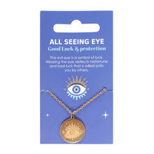Load image into Gallery viewer, Gold Toned Evil Eye Necklace.  This stunning gold-toned All Seeing Eye necklace makes the perfect gift for loved ones to offer them protection and good luck wherever they go. Also known as the Evil Eye this talisman is a symbol of luck and is believed to deflect misfortune. Made from stainless steel the necklace is presented on a blue card printed with the meaning of this distinctive charm. 