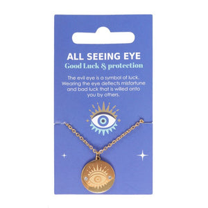 Gold Toned Evil Eye Necklace.  This stunning gold-toned All Seeing Eye necklace makes the perfect gift for loved ones to offer them protection and good luck wherever they go. Also known as the Evil Eye this talisman is a symbol of luck and is believed to deflect misfortune. Made from stainless steel the necklace is presented on a blue card printed with the meaning of this distinctive charm. 