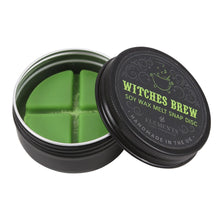 Load image into Gallery viewer, This Witches Brew wax melt tin comes in a new, easy-to-use disc form. Each 25g disc is divided into 4 sections for up to 45 hours of long-lasting fragrance.  Handmade in the UK from 100% vegan soy wax and high-quality fragrance oil blends, this soy wax melt is non-toxic and completely biodegradable.