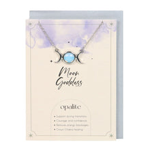 Load image into Gallery viewer, Opalite Triple Moon Necklace &amp; Card.  This inspiring &#39;Moon Goddess&#39; greeting card features a silver-tone triple moon necklace accented by an opalite stone. Opalite is a manmade stone reminiscent of opal and moonstone, used to promote courage and remove energy blockages. 22cm chain with lobster clasp closure.  Nickel-free stainless steel. Includes envelope. Card left blank inside.  Measures 35cm x 10.5cm x 0.2c.m