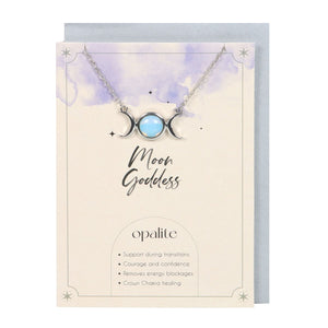 Opalite Triple Moon Necklace & Card.  This inspiring 'Moon Goddess' greeting card features a silver-tone triple moon necklace accented by an opalite stone. Opalite is a manmade stone reminiscent of opal and moonstone, used to promote courage and remove energy blockages. 22cm chain with lobster clasp closure.  Nickel-free stainless steel. Includes envelope. Card left blank inside.  Measures 35cm x 10.5cm x 0.2c.m