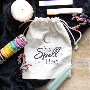 Cotton Spell Bag.  Keep spells, altar tools and magickal ingredients safe and tidy with this cotton drawstring storage bag. Features a sparking crescent moon design and 'My Spell Bag' text that's a must-have for any witch.