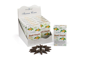 Basil Neroli Stamford Incense Cones.  Each pack of incense cones comes with a metal holder and contains approx. 15 incense cones.  Made from perfumery raw materials only.  Burn time 20 minutes approx. per cone.