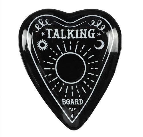 Black Talking Board Planchette Trinket Dish.  This ceramic trinket dish is inspired by a classic talking board planchette and is the perfect size for holding jewellery and other small accessories.  Measures 12cm x 10cm x 2cms.