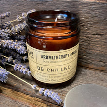 Load image into Gallery viewer, Be Chilled Aromatherapy Candle.  Made with 100% pure Lavender and Fennel essential oil.  These Vegan Aromatherapy Candles are made with Pure Essential Oils and Natural Soy Wax.  They weigh 200g and have 40 hours of burning time.  With combinations of pure oils that all work well together to stimulate clear thinking, relaxation, energy, happiness and much more.