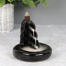 Load image into Gallery viewer, Bamboo Waterfall Back Flow Incense Burner.  This ceramic backflow incense burner is specially designed to create smoke that cascades downwards, pouring dramatically down the tower with a stunning effect.  Once you have lit your incense cone, it will begin to smoke, the incense is heavier than air and it will fall dramatically in swirls and twists, through the hole and down over the item, to pool at the bottom. It is incredible to watch and very relaxing. 