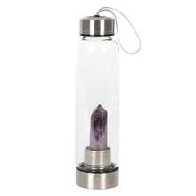 Load image into Gallery viewer, This glass bottle features a natural amethyst crystal point on a screw-off stainless steel base for easy cleaning, rubberised anti-slip bottom, stainless steel screw lid with loop strap and a neoprene cover to insulate and protect.  Amethyst is cleansing and deeply healing. Amethyst is known as &quot;The All Purpose Stone”. It provides clarity when there&#39;s confusion in the mind, and helps to relieve stress and anxiety. Amethyst can even help with cell regeneration, insomnia, mood swings, and immunit