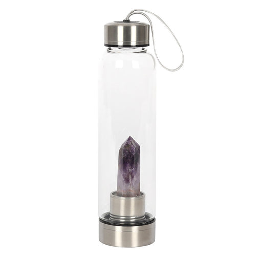 This glass bottle features a natural amethyst crystal point on a screw-off stainless steel base for easy cleaning, rubberised anti-slip bottom, stainless steel screw lid with loop strap and a neoprene cover to insulate and protect.  Amethyst is cleansing and deeply healing. Amethyst is known as 