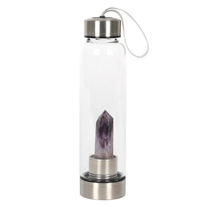 This glass bottle features a natural amethyst crystal point on a screw-off stainless steel base for easy cleaning, rubberised anti-slip bottom, stainless steel screw lid with loop strap and a neoprene cover to insulate and protect.  Amethyst is cleansing and deeply healing. Amethyst is known as "The All Purpose Stone”. It provides clarity when there's confusion in the mind, and helps to relieve stress and anxiety. Amethyst can even help with cell regeneration, insomnia, mood swings, and immunit