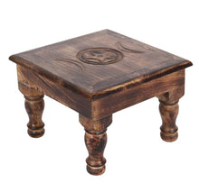 Load image into Gallery viewer, Triple Moon Altar Table.  This stunning altar table is made from mango wood. Hand crafted and bursting with character and carved with a triple moon design.  Measures 21cm x 30cm x 30cm.