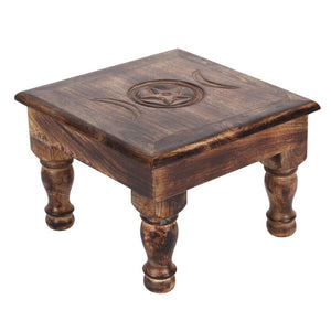 Triple Moon Altar Table.  This stunning altar table is made from mango wood. Hand crafted and bursting with character and carved with a triple moon design.  Measures 21cm x 30cm x 30cm.