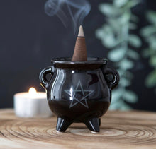 Load image into Gallery viewer, Pentagram Cauldron Ceramic Holder.  Whether used with incense sticks or cones, this ceramic cauldron incense holder makes a quirky gift for any witch.  A printed pentagram design finishes off this unique design.