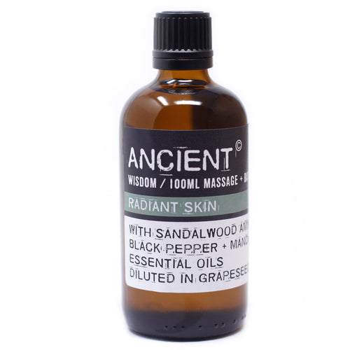 Radiant Skin Massage Oil.  These Massage Oils are blended in Grape Seed Oil.  Contains 100ml.  Essential Oil Ingredients:  Sandalwood Amyris Black Pepper Mandarin