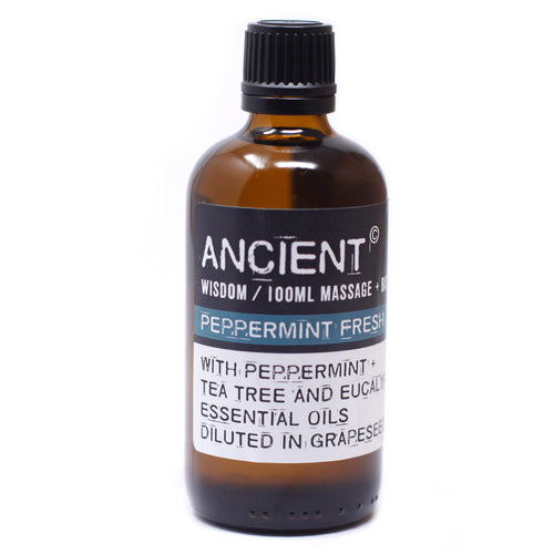 Peppermint Fresh Massage Oil.  These Massage Oils are blended in Grape Seed Oil.  Contains 100ml.  Essential Oil Ingredients:  Peppermint Tea Tree Eucalyptus
