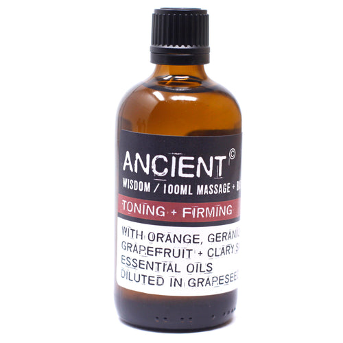 Toning & Firming Massage Oil.  These Massage Oils are blended in Grape Seed Oil.  Contains 100ml.  Essential Oil Ingredients:  Orange Grapefruit Geranium Clary Sage