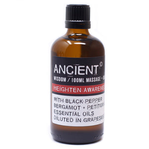 Heighten Awareness Massage Oil.  These Massage Oils are blended in Grape Seed Oil.  Contains 100ml.  Essential Oil Ingredients:  Bergamot Black Pepper Petitgrain