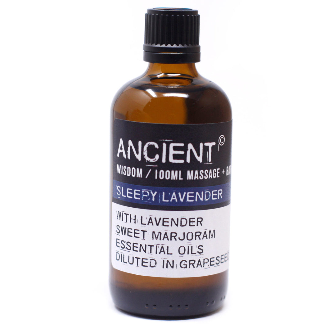 Sleepy Lavender Massage Oil.  These Massage Oils are blended in Grape Seed Oil.  Contains 100ml.  Essential Oil Ingredients:  Lavender Marjoram