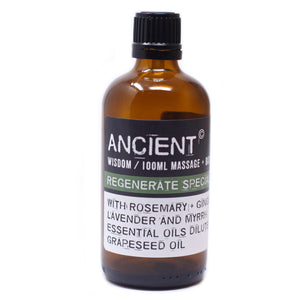 Regenerate Special Massage Oil.  These Massage Oils are blended in Grape Seed Oil.  Contains 100ml.  Essential Oil Ingredients:  Rosemary Lavender Myrrh Ginger 